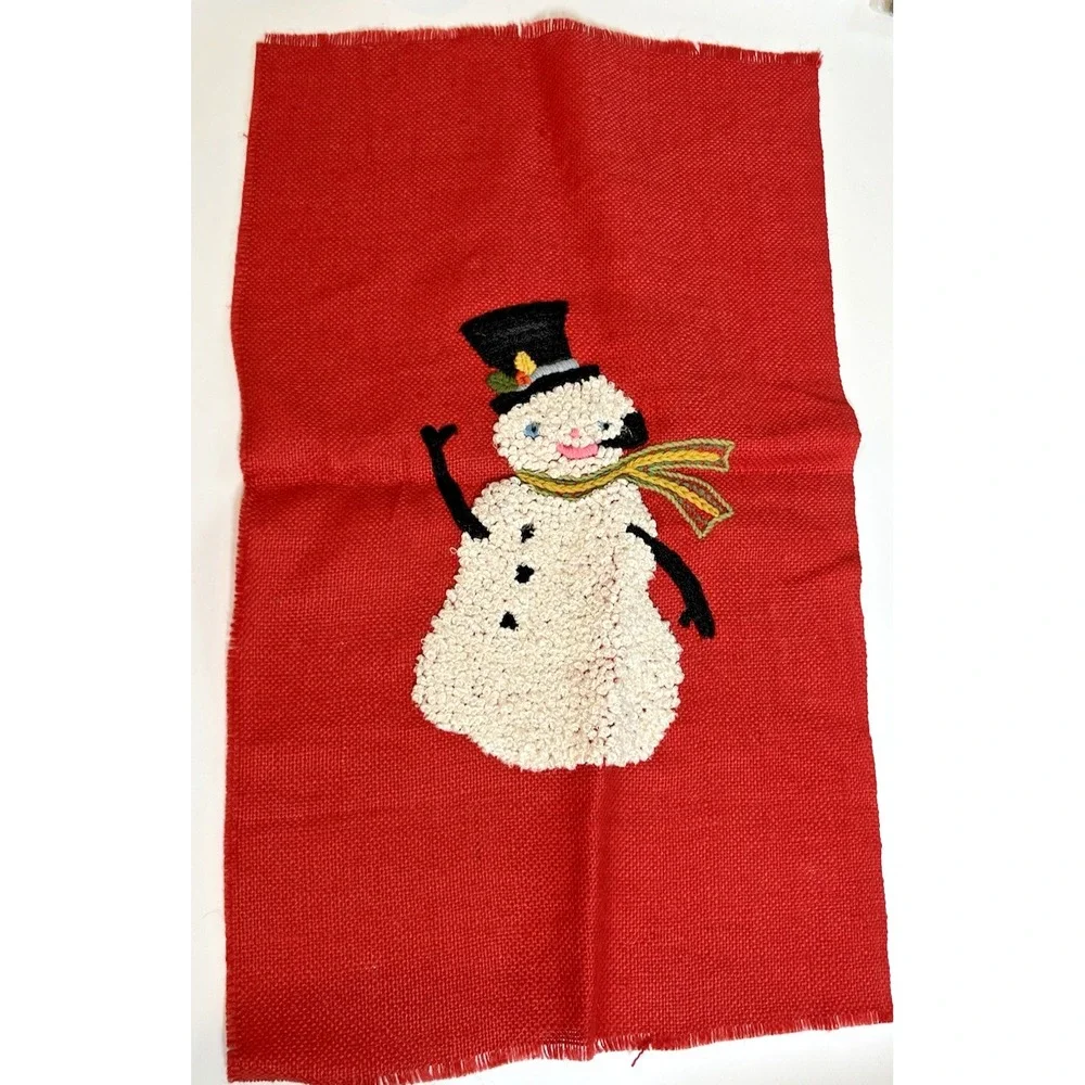 Vtg MCM Christmas SNOWMAN Latch Hook Punch Needle Wall Hanging Red Burlap Decor